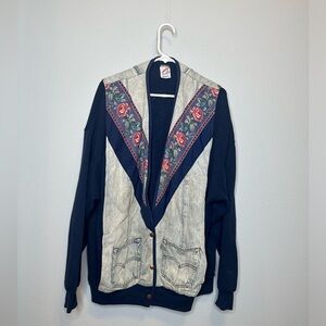 Jerzee Floral Print Denim Sweatshirt Cardigan Jacket size    2X women’s vintage